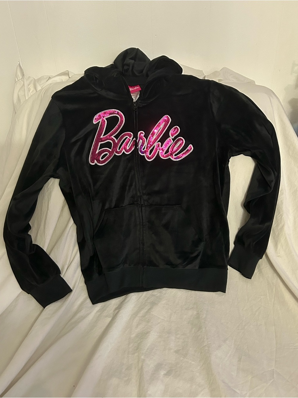Barbie Black Velour Zip-Up Hoodie with Pink Script Logo